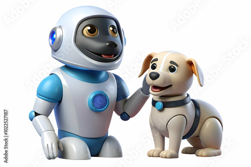 Close Up of Pet Engaging with Family Robotic Assistant: Connecting Technology and Pets for Enhanced Family Interaction in Photo Stock Concept