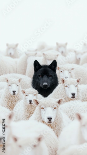 a massive herd of white sheep with one black wolf peeking out of them photo