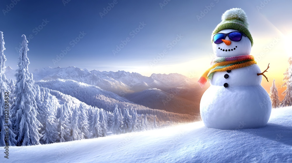 Obraz premium A snowman perched on a hilltop, overlooking a frozen valley at dawn. The snowman is wearing sunglasses and a brightly colored scarf, with the first rays of sunlight hitting its form.