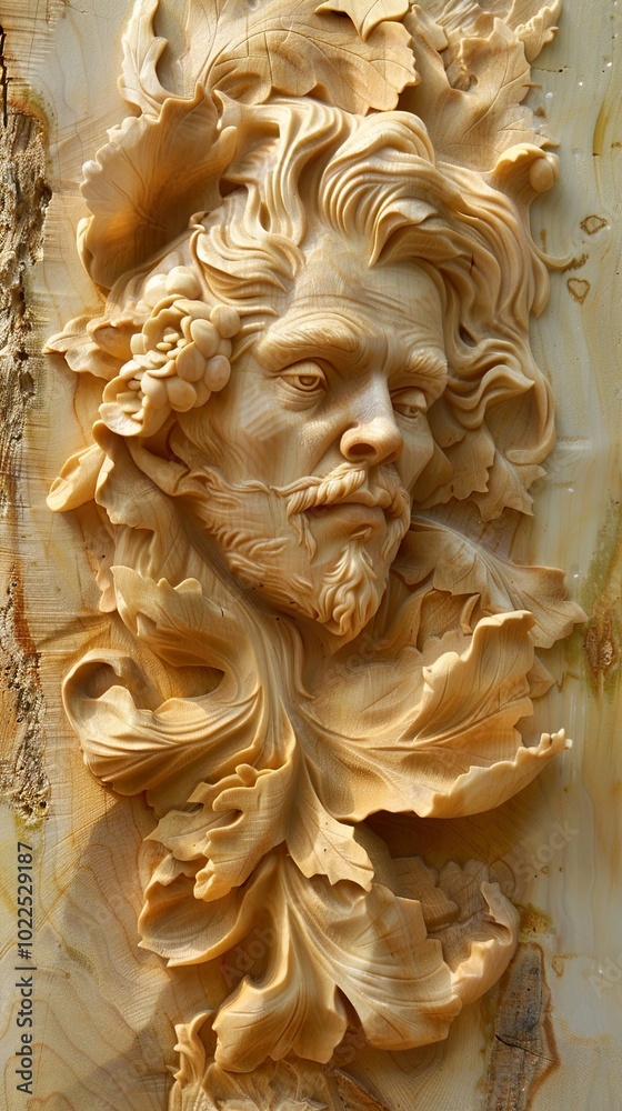Intricate Wood Carving of a Man's Face Surrounded by Leaves Intricate Wood Carving of a Man's Face Surrounded by Leaves