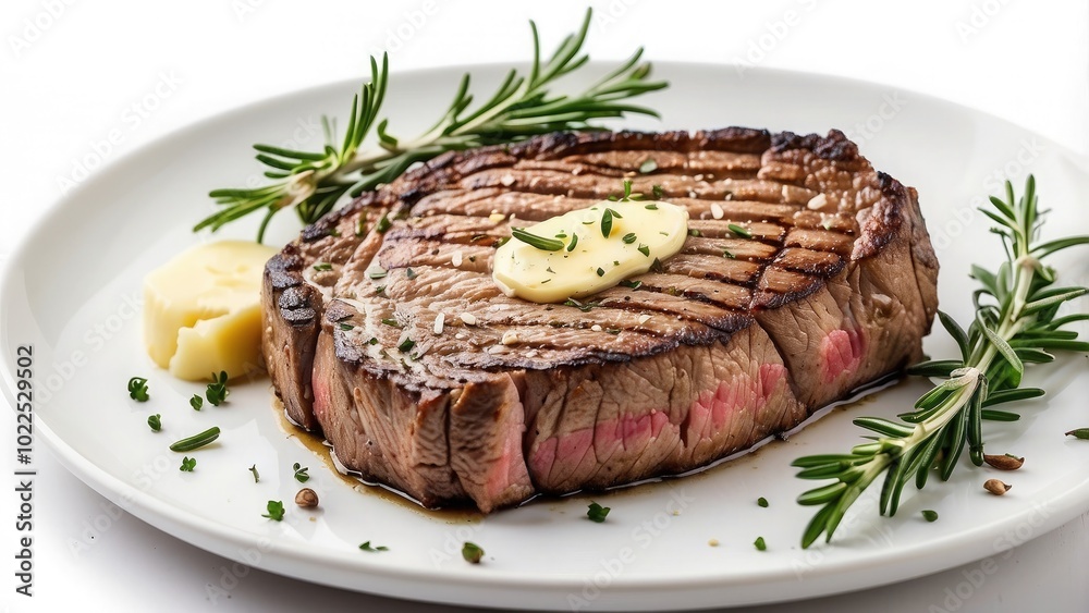 A serving of grilled steak with rosemary and garlic butter, perfectly seared, isolated on white background.- A serving of grilled steak with rosemary and garlic butter, perfectly seared, isolated on white background.-