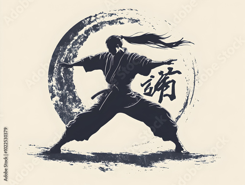 Dynamic Silhouette of Martial Arts Warrior in Traditional Stance with Calligraphy and Zen Elements