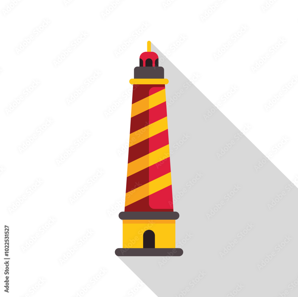 Red and yellow striped lighthouse casting a long shadow to the right on a white background Red and yellow striped lighthouse casting a long shadow to the right on a white background