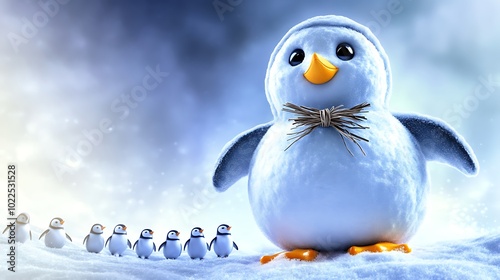 A snowman shaped like a penguin, with snow wings, a round belly, and a small twig bowtie. The snow penguin stands on a snowy hill, with a line of small snow penguin figures leading up to it. photo