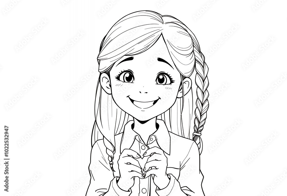 Obraz premium Happy Girl with Braids Adjusting Shirt Collar Black and White Illustration