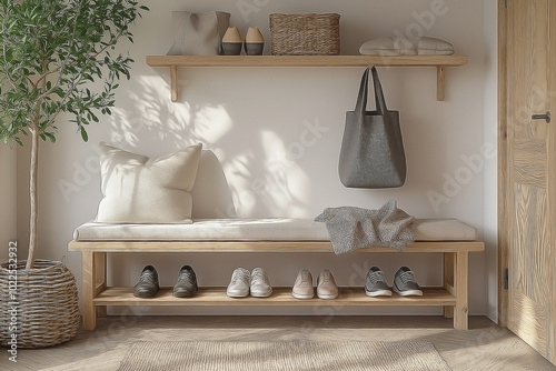 entryway interior design, Japanese-Scandinavian fusion style. Light wood bench with white cushion, two-tier shoe rack underneath.  photo