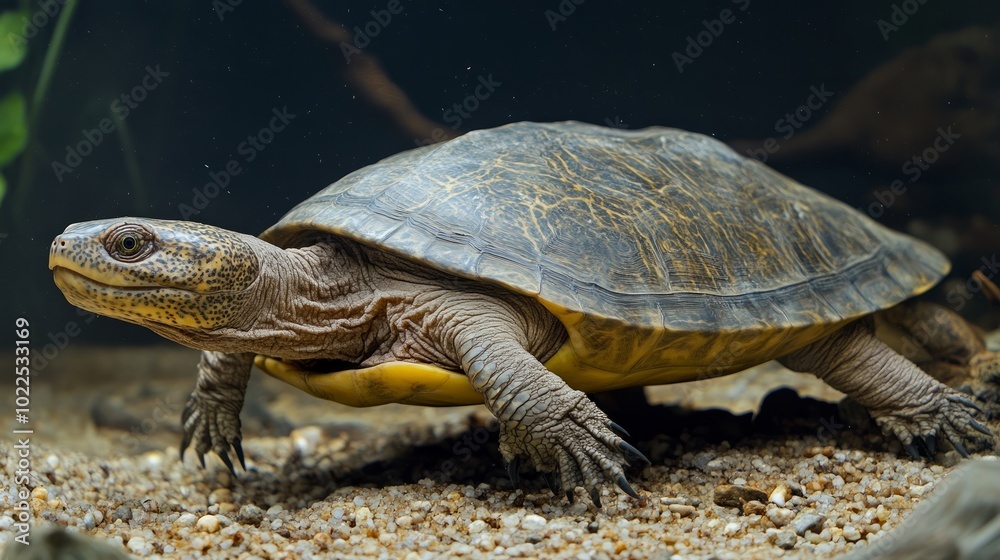A large, brown turtle with a yellow underside, is shown in a close-up view as it walks along the bottom of a clear water aquarium. A large, brown turtle with a yellow underside, is shown in a close-up view as it walks along the bottom of a clear water aquarium.