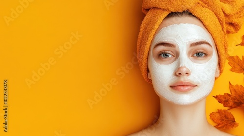 Woman with a Face Mask Relaxing on a Yellow Background with Autumn Leaves