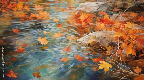 vibrant fall leaves in water photo