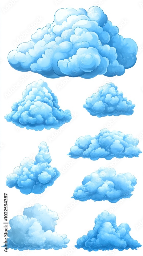 A collection of various cartoon-style clouds in different shapes and sizes. A collection of various cartoon-style clouds in different shapes and sizes.