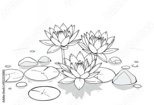 Water Lily Flowers in Pond with Lily Pads and Stones Line Art Illustration photo