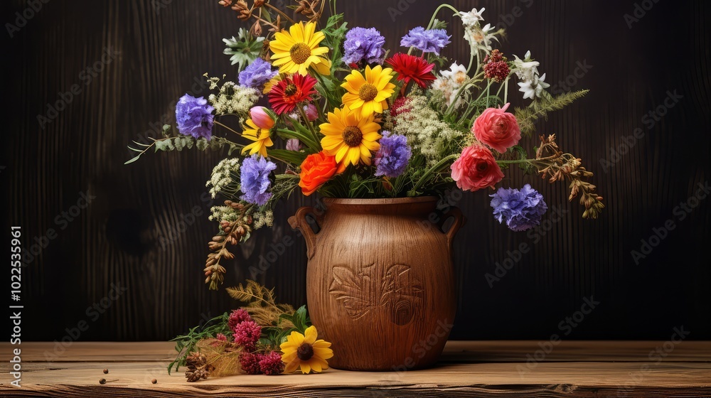 vase wild flowers on wood vase wild flowers on wood