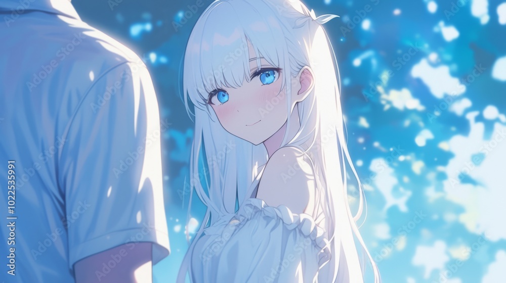 Serene anime-style illustration featuring a white-haired girl in a white dress and a man, both displaying gentle expressions Serene anime-style illustration featuring a white-haired girl in a white dress and a man, both displaying gentle expressions