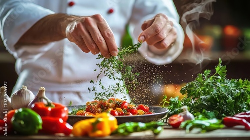 Fototapeta Naklejka Na Ścianę i Meble -  a chef skillfully preparing a dish, with the enticing aroma of herbs and spices filling the kitchen
