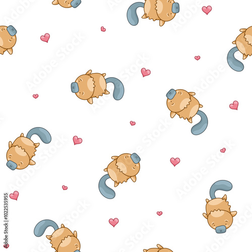 Cute platypus character. Seamless pattern. Kawaii animal in different poses. Vector drawing. Design ornaments.
