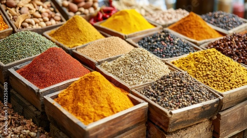 Fototapeta Naklejka Na Ścianę i Meble -  a spice market with vibrant spices, each releasing its unique aroma to entice customers