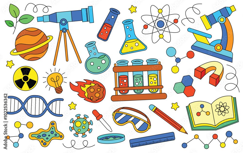 Hand drawn science and chemistry element set collection vector illustration Hand drawn science and chemistry element set collection vector illustration
