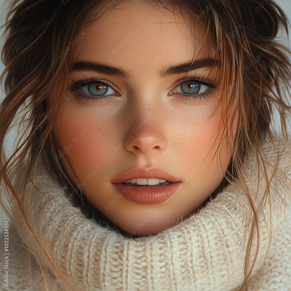 Close-Up Portrait of a Woman with Blue Eyes and Soft Makeup Close-Up Portrait of a Woman with Blue Eyes and Soft Makeup