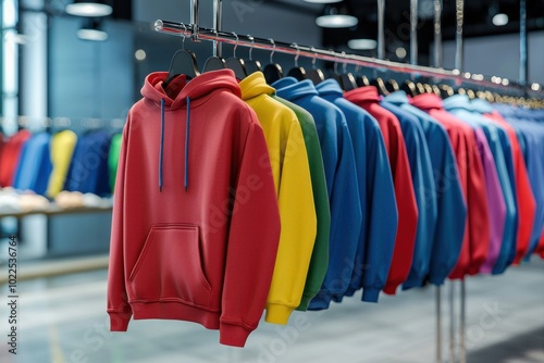 A vibrant display of hoodies in various colors hanging in a retail store, showcasing fashion choices for customers. photo