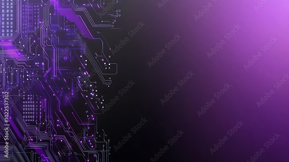 Obraz premium Abstract purple circuit board pattern on black and purple gradient background with copy space.
