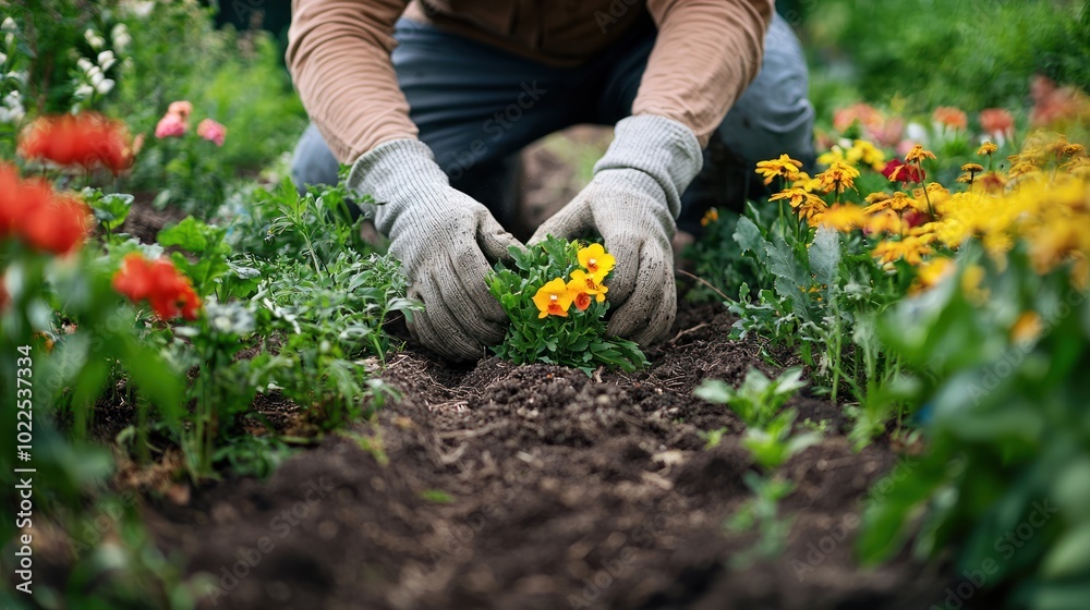 Fototapeta premium ardent commitment shown by a volunteer tirelessly working in a community garden, planting flowers and nurturing the soil