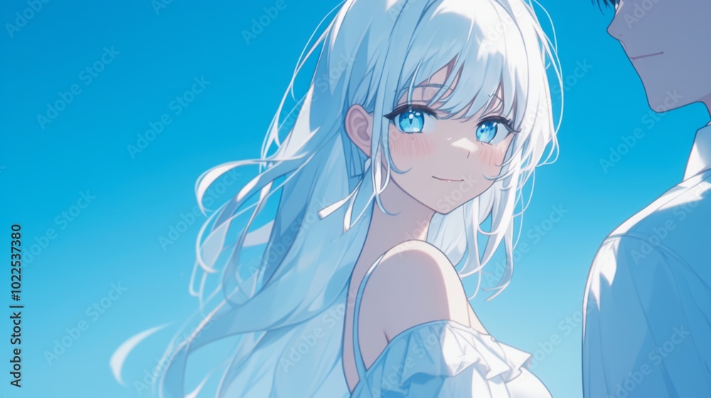 Serene anime-style illustration featuring a white-haired girl in a white dress and a man, both displaying gentle expressions Serene anime-style illustration featuring a white-haired girl in a white dress and a man, both displaying gentle expressions