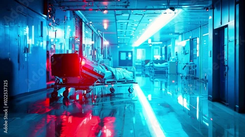 Futuristic hospital corridor at night with neon lights and medical equipment