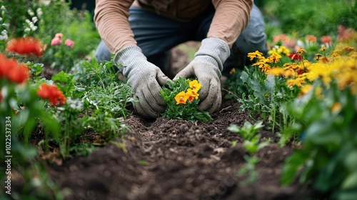 ardent commitment shown by a volunteer tirelessly working in a community garden, planting flowers and nurturing the soil