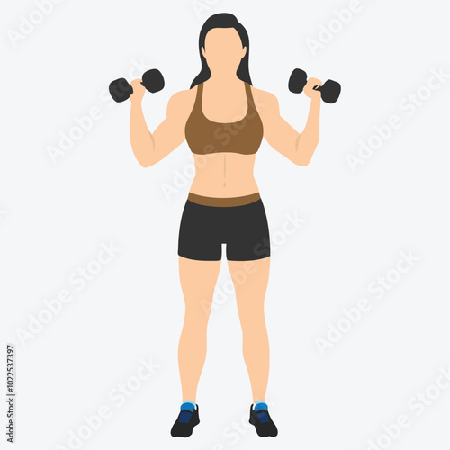 Woman Exercising with Dumbbells: A determined woman, with sculpted physique, engaging in a dumbbell exercise, demonstrating the strength of body in fitness.