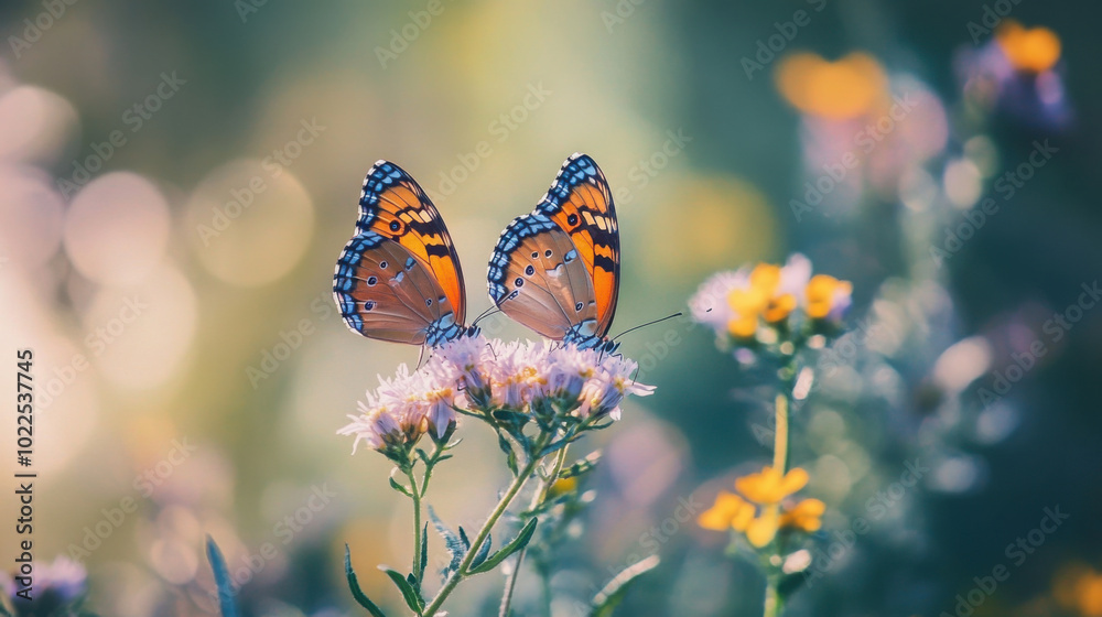 Obraz premium A pair of butterflies mating on a flower in a natural setting