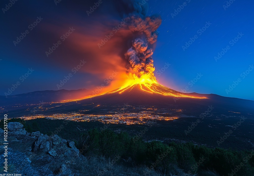 Fototapeta premium Fiery Volcano Eruption in Night Sky Spectacle