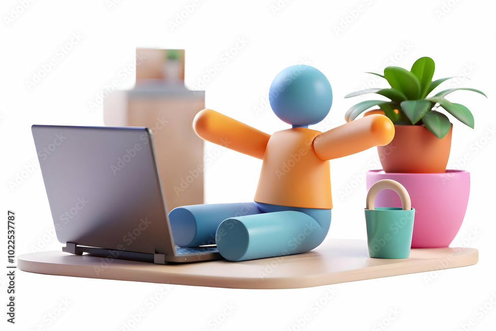 Soft Focus Image of a Person Stretching by Laptop with Bokeh Sunlight - Symbolizing Freedom and Happiness in Remote Work Soft Focus Image of a Person Stretching by Laptop with Bokeh Sunlight - Symbolizing Freedom and Happiness in Remote Work