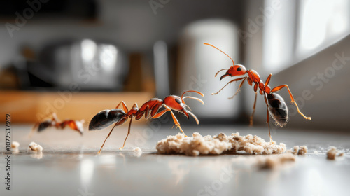 Ants climbing over a crumb on a kitchen counter with detailed focus