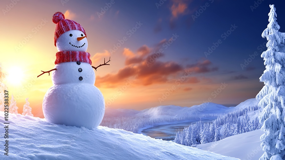 Obraz premium A snowman standing tall on a snow-draped hilltop, overlooking a valley filled with frozen rivers and snow-capped trees. The snowman wears a knitted hat and mittens,