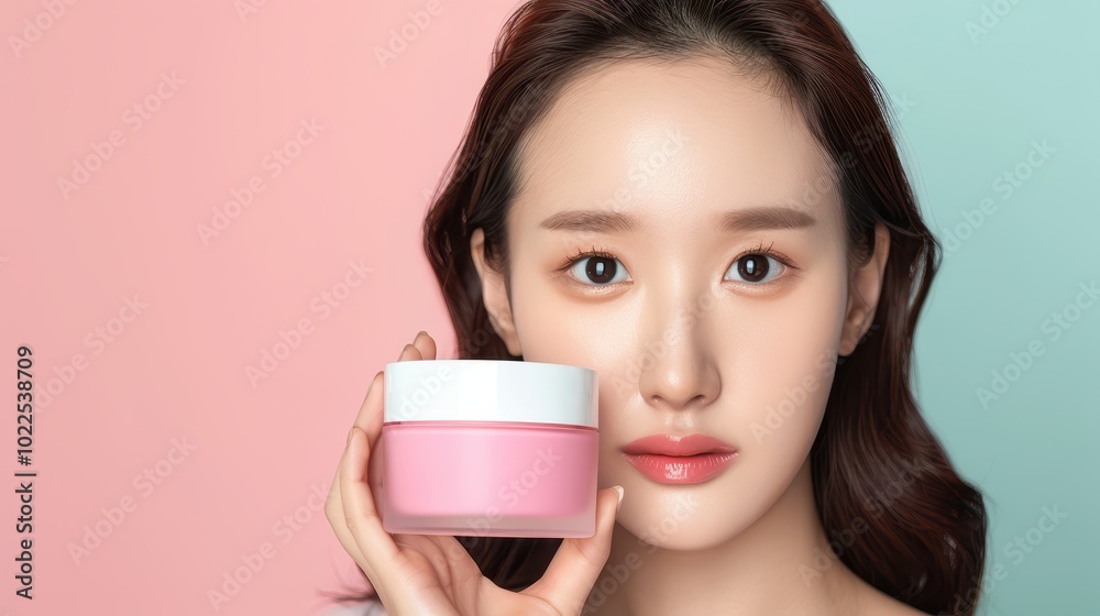 Young Woman Holding Pink Cream Jar Against Pink and Blue Background Young Woman Holding Pink Cream Jar Against Pink and Blue Background