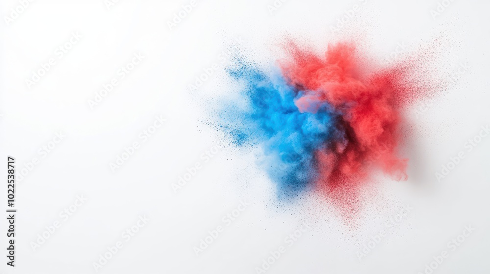 Fototapeta premium Vibrant explosion of blue and red powder against a white background.