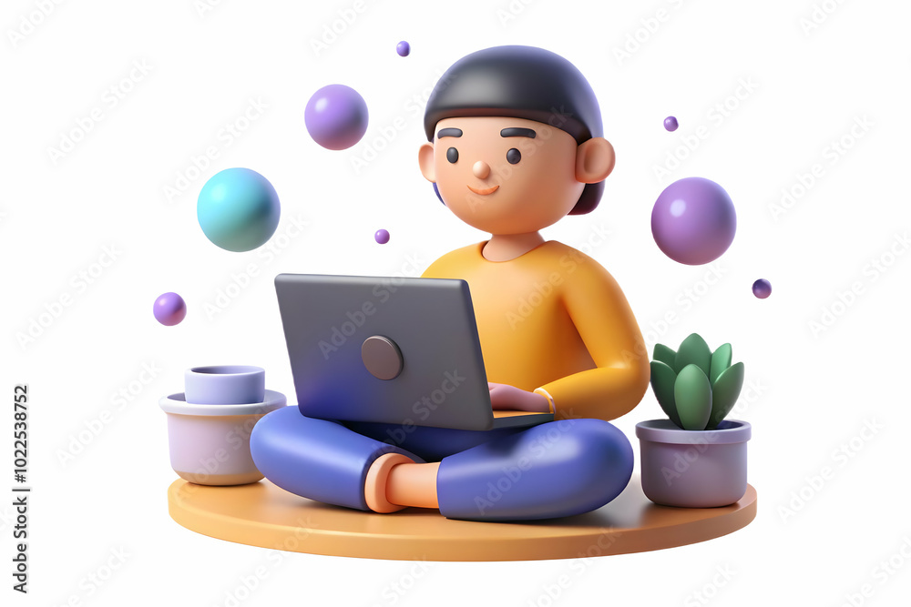 Person Meditating Next to Laptop in Zen Workspace with Bokeh Aura | Soft Focus Image of Balance and Happiness in Remote Work Setting - Photo Stock Concept Person Meditating Next to Laptop in Zen Workspace with Bokeh Aura | Soft Focus Image of Balance and Happiness in Remote Work Setting - Photo Stock Concept