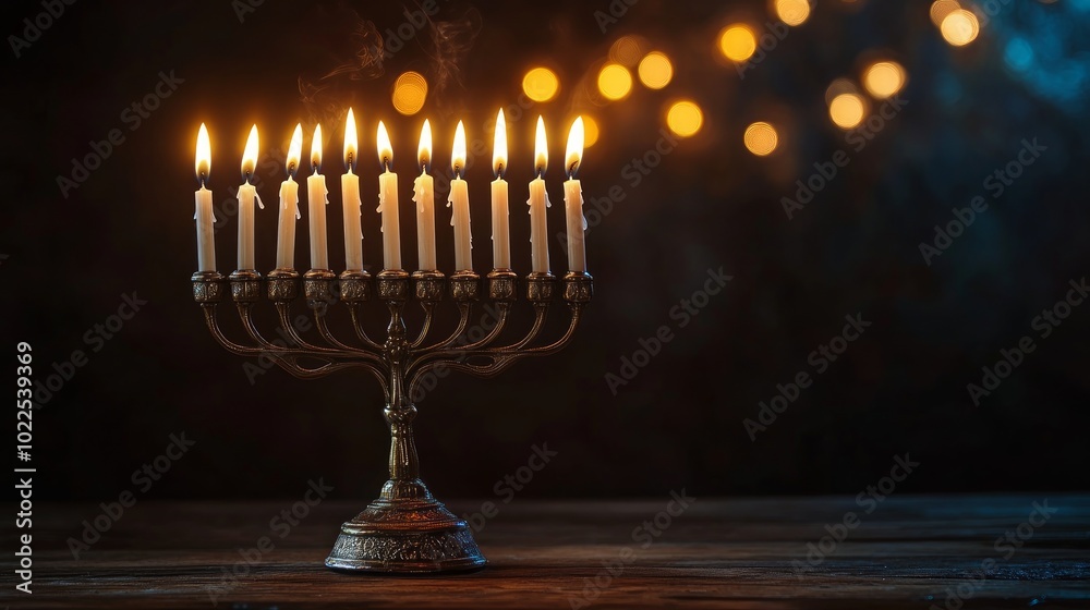 A menorah with lit candles on a wooden table with a bokeh of lights in the background. A menorah with lit candles on a wooden table with a bokeh of lights in the background.