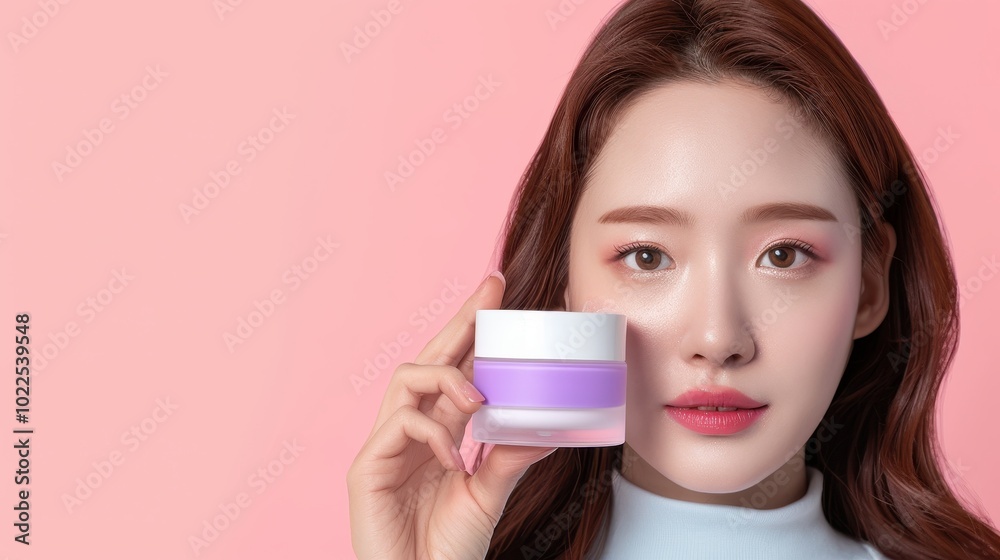 Woman Holding a Jar of Face Cream Against a Pink Background Woman Holding a Jar of Face Cream Against a Pink Background