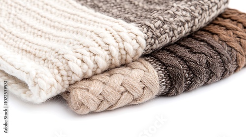 Knitted Fabric Texture: Close Up of Soft Yarn and Interwoven Threads in Beige, Brown, and White