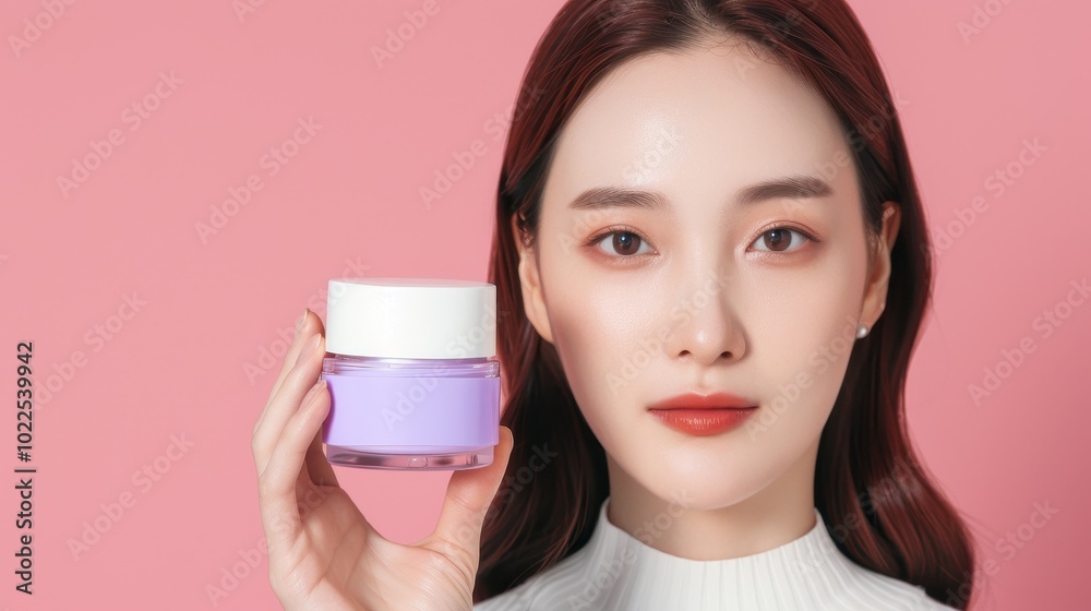 Young Woman Holding a Purple and White Cream Jar Young Woman Holding a Purple and White Cream Jar