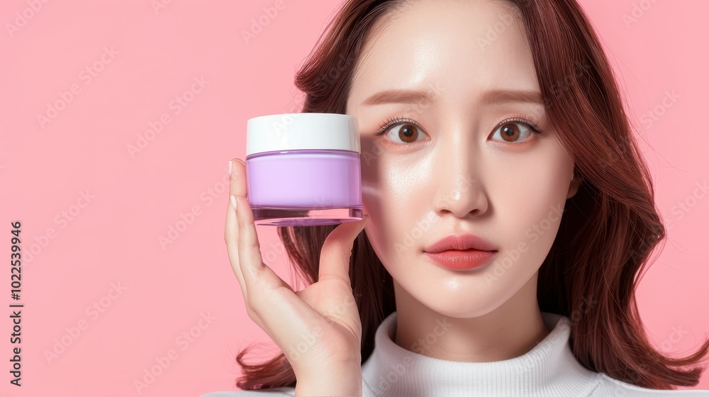 Young woman with perfect skin holding a jar of purple face cream