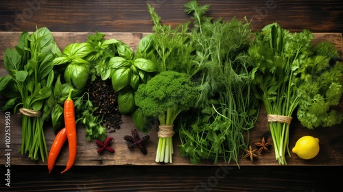 basil veggies on wood photo