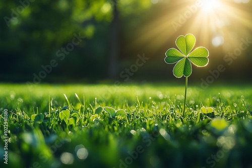 Four leaf clover plant growing in green grass with sun shining in the background.