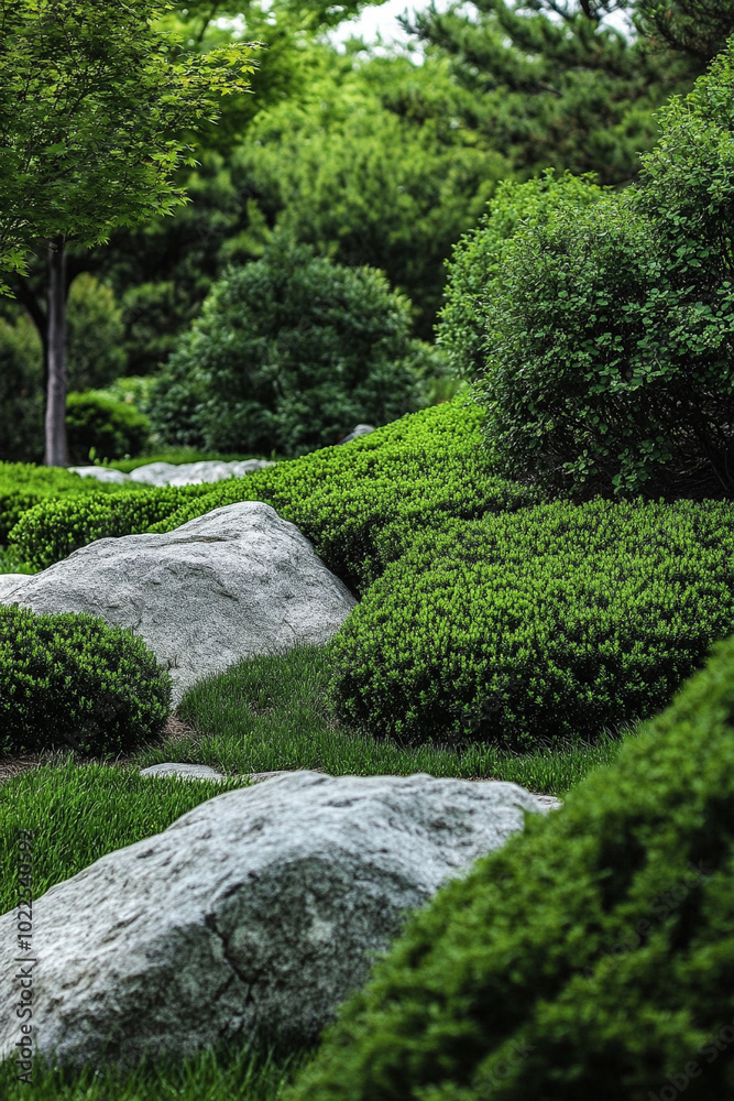 The rock garden has green shrubs, grass and large rocks. The rock garden has green shrubs, grass and large rocks.