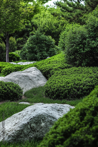 The rock garden has green shrubs, grass and large rocks.