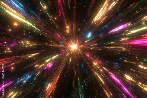 Colorful space warp speed light trails on dark background photo