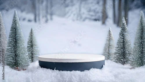 Podium made of snow, decorated with fir trees, snowy forest background for product display.