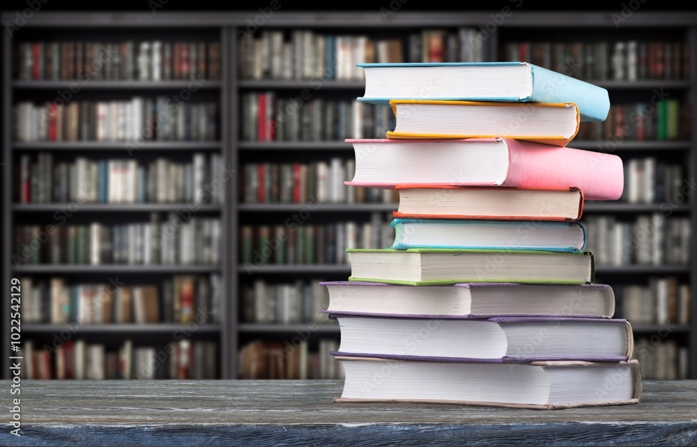 Set of books on table in library, education concept