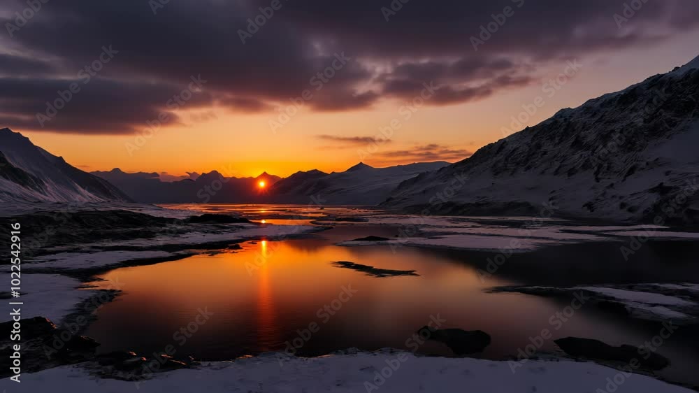 Sunset Over Snowy Mountains and a Frozen Lake Sunset Over Snowy Mountains and a Frozen Lake
